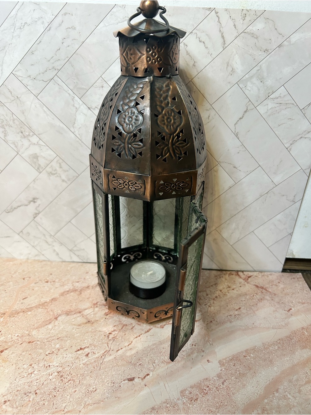 Antique- Moroccan Style Copper Lantern with Green Glass Panel